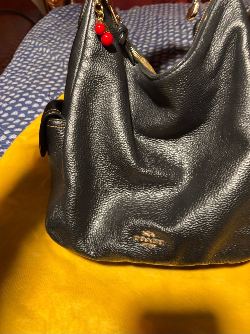 Coach Black Pebble Leather Shoulder Hobo with Red Bead Charm